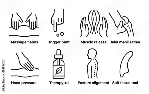 Massage therapy linear icons set – outline, wellness, relaxation and spa symbols