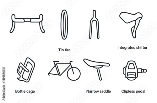 Cycling equipment outline icons set – bike, gear, sport symbols collection