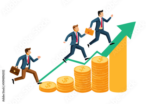 Business_success_1_8 Business Success Concept. Vector cartoon illustration of a group of diverse people in business suits running on a growing graph of stacked coins. Isolated on background.