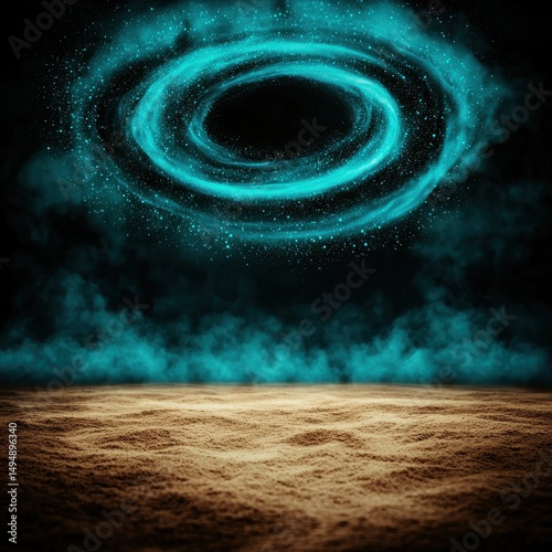 Ethereal Cosmic Portal with Turquoise Glow Over Sandy Surface
