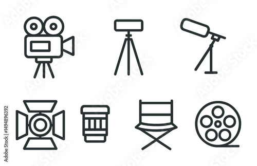 Film and cinematography outline icons set – linear, silhouette, movie and camera symbols