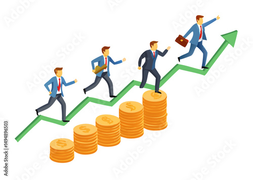 Business_success_1_8 Business Success Concept. Vector cartoon illustration of a group of diverse people in business suits running on a growing graph of stacked coins. Isolated on background.