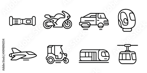 Transportation icons set featuring modern vehicles and travel methods