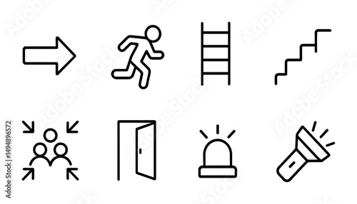 Emergency and safety outline icons set – linear, basic, security and alert symbols