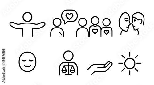 Empathy and connection line icons set – outline, linear, social interaction symbols