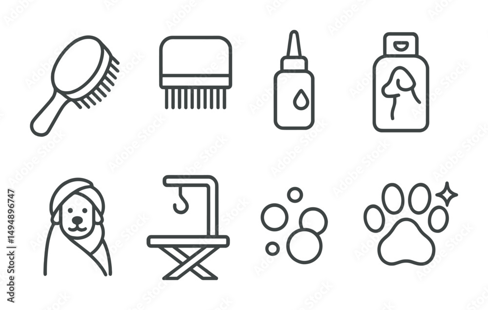 Pet grooming outline icons set – linear, silhouette, animal care tools