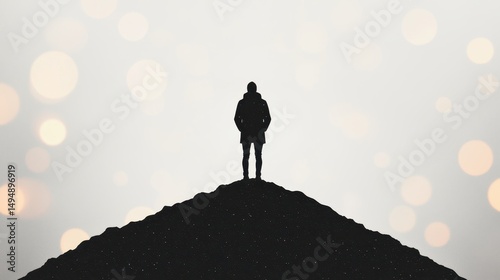 Silhouette of a Person Standing on a Hill Against Bokeh Background