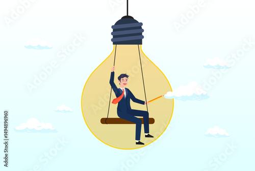 Motivated man sitting on swing inside lightbulb idea using pencil drawing cloud, creativity and imagination to create content, writer or creator inspiration for new idea, think and brainstorm (Vector)