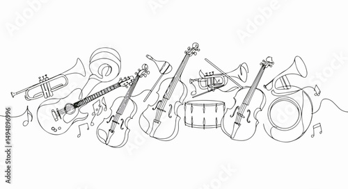 Elegant minimalistic line art composition featuring various musical instruments such as guitar, violin, trumpet, and drum.