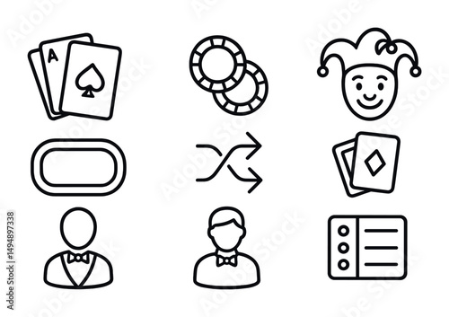 Casino and gambling outline icons set – linear, gaming, poker symbols