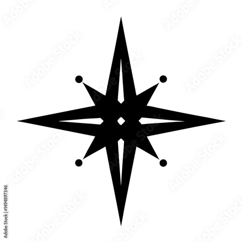 Black Eight Pointed Star with Four Spherical Accents Isolated on White