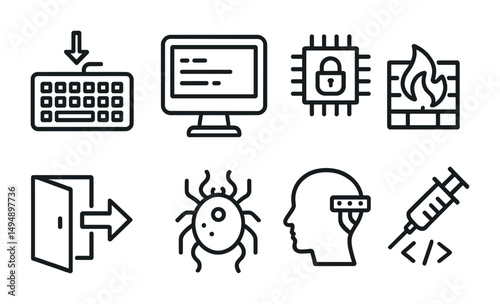 Cybersecurity and technology icons set – line, outline, digital protection symbols