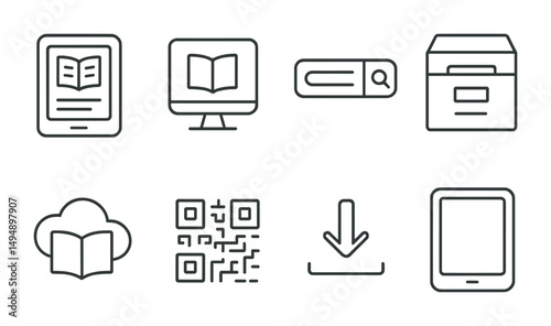 Digital library outline icons set – ebook, tech, reading and internet symbols