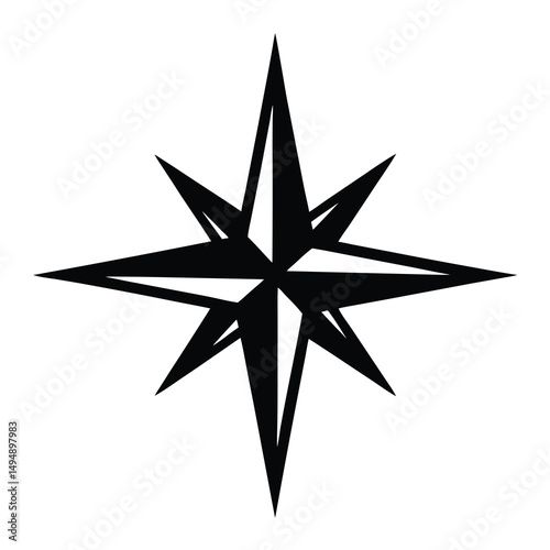 Eight Point Star Compass Rose Nautical Navigation Symbol Black and White Silhouette
