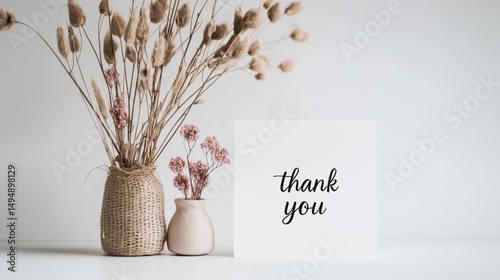 Greeting card mockup with thank you text and dried botanical arrangement
