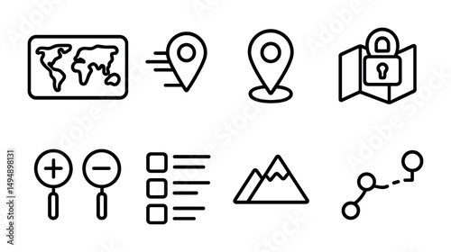 Map and navigation outline icons set – linear, travel, location and gps symbols