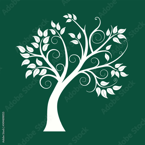 White Silhouette Tree Vector on Green Background