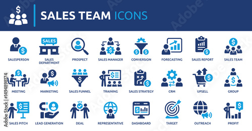 Sales team icon set. Containing Sales department, salesperson, prospect, conversion, sales report, marketing, funnel, lead generation, sales pitch and more. Solid vector icons collection.
