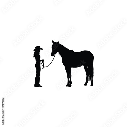 a black silhouette a cowgirl standing next to a horse on white background