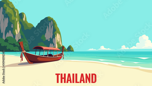 Vector illustration of a tropical beach in Thailand with a traditional long-tail boat on the sand, turquoise sea, and limestone cliffs in the background, under a bright blue sky with fluffy clouds