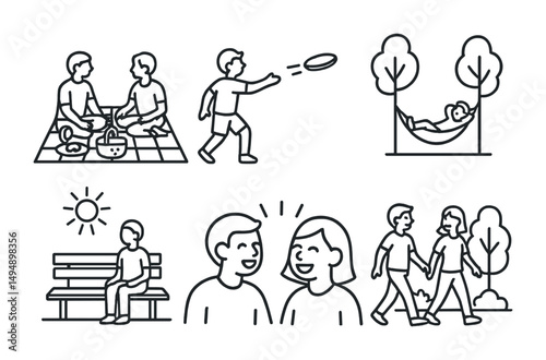 Leisure activity line icons set – outline, recreation, outdoor fun symbols
