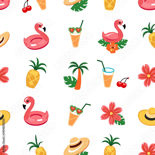 Seamless summer pattern featuring inflatable flamingos, tropical drinks, palm trees, sun hats, red flowers, and cherries