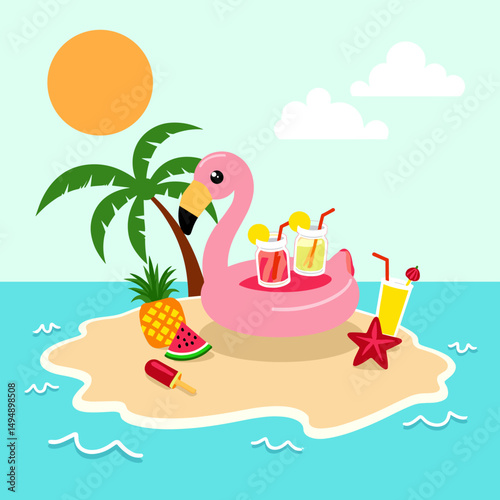 Colorful summer illustration featuring a tropical island with a pink inflatable flamingo float, palm tree, tropical drinks, pineapple, watermelon slice, and starfish under the sun and blue sky