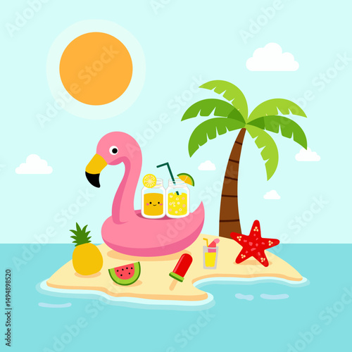 Colorful summer illustration featuring a tropical island with a pink inflatable flamingo float, palm tree, tropical drinks, pineapple, watermelon slice, and starfish under the sun and blue sky