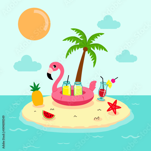 Colorful summer illustration featuring a tropical island with a pink inflatable flamingo float, palm tree, tropical drinks, pineapple, watermelon slice, and starfish under the sun and blue sky