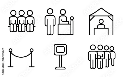 Queue management line icons set – outline, linear, orderly queue symbols