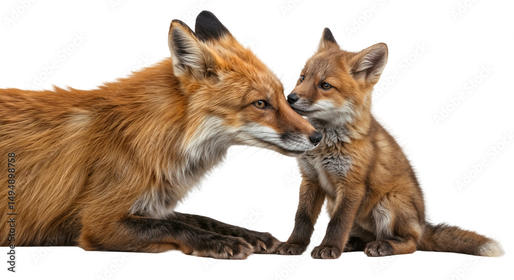 Fototapeta premium Adorable Red Fox Mother and Her Cub in a Tender Moment, isolated on a transparent background
