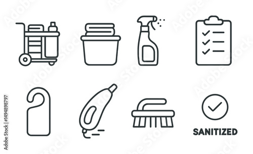 Cleaning and sanitizing line icons set – flat, outline, hygiene and checklist visuals