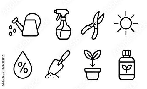 Gardening tools outline icons set – linear, plant care and cultivation symbols