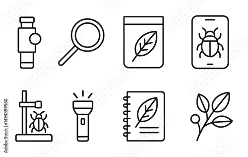 Nature and science line icons set – outline, biology, exploration symbols
