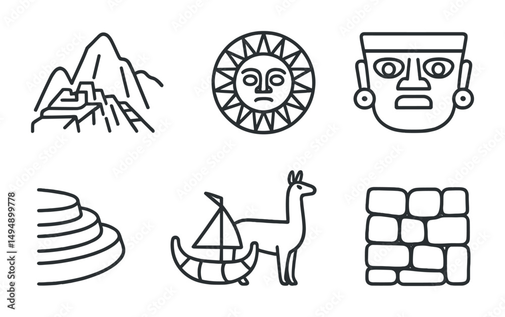 Incan culture outline icons set – linear, ancient symbols, historical elements