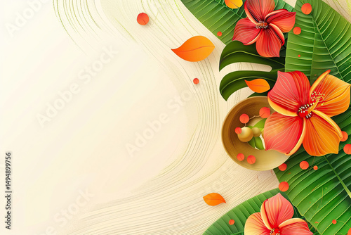 Abstract vivid greeting card with holiday composition for happy celebrate Onam on colored background