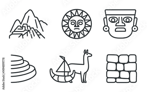Incan culture outline icons set – linear, ancient symbols, historical elements