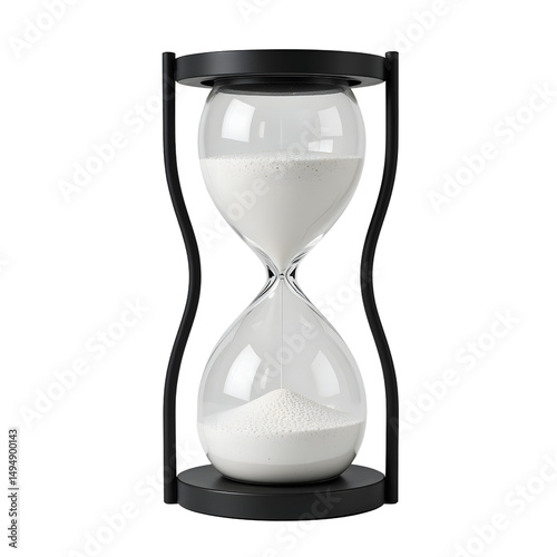Decorative hourglass with black metal frame and white sand, white background