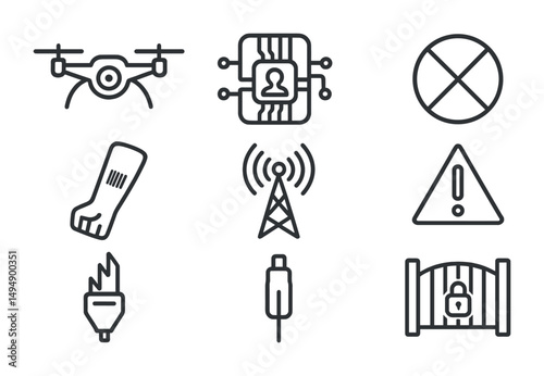 Technology and security line icons set – linear, outline, tech and protection symbols