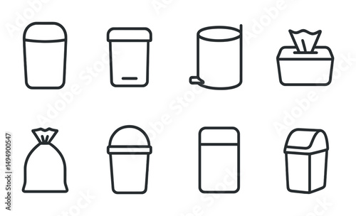 Waste management outline icons set – trash, recycling, bin symbols