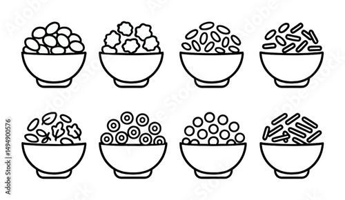 Cereal silhouette icons set: bowls, breakfast essentials, food symbols