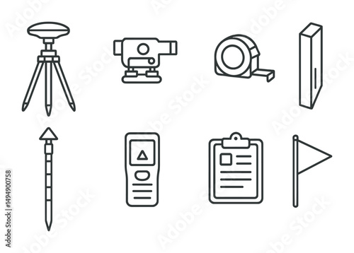 Survey and measurement outline icons set – tools, instruments, precision symbols