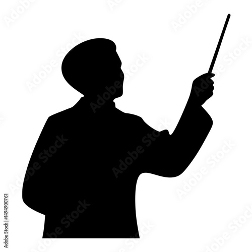 Silhouette of a conductor or presenter holding a pointer stick aloft