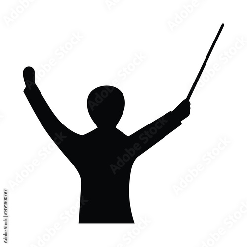 Black silhouette of an orchestral conductor wielding a baton against white background