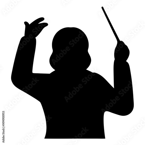 Silhouette of a conductor leading an orchestra, isolated on a white background