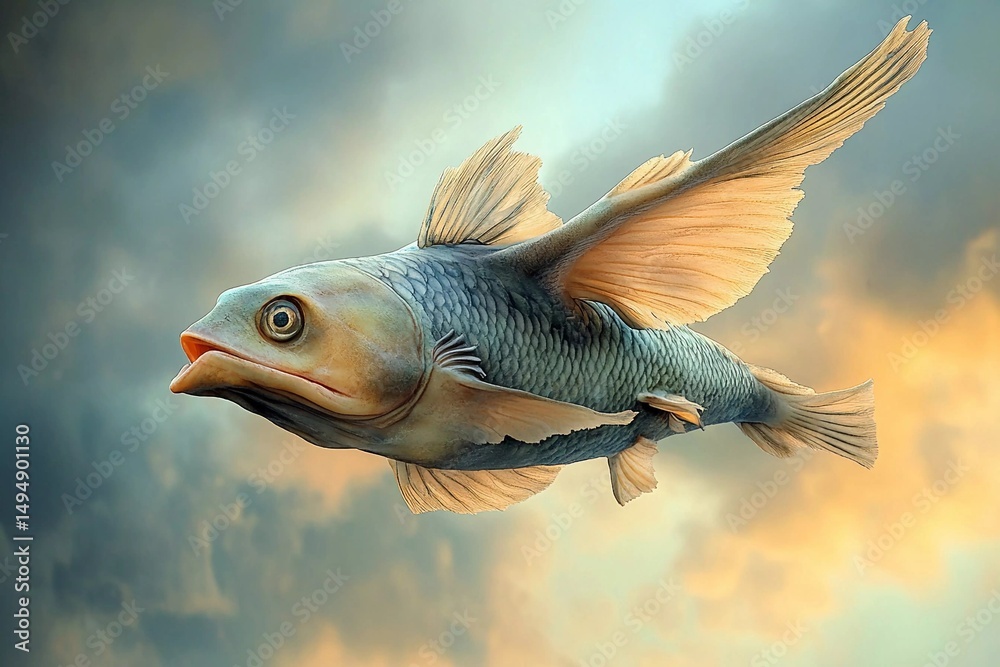 Fototapeta premium Unique depiction of a fish with wings soaring through a bright blue sky filled with clouds