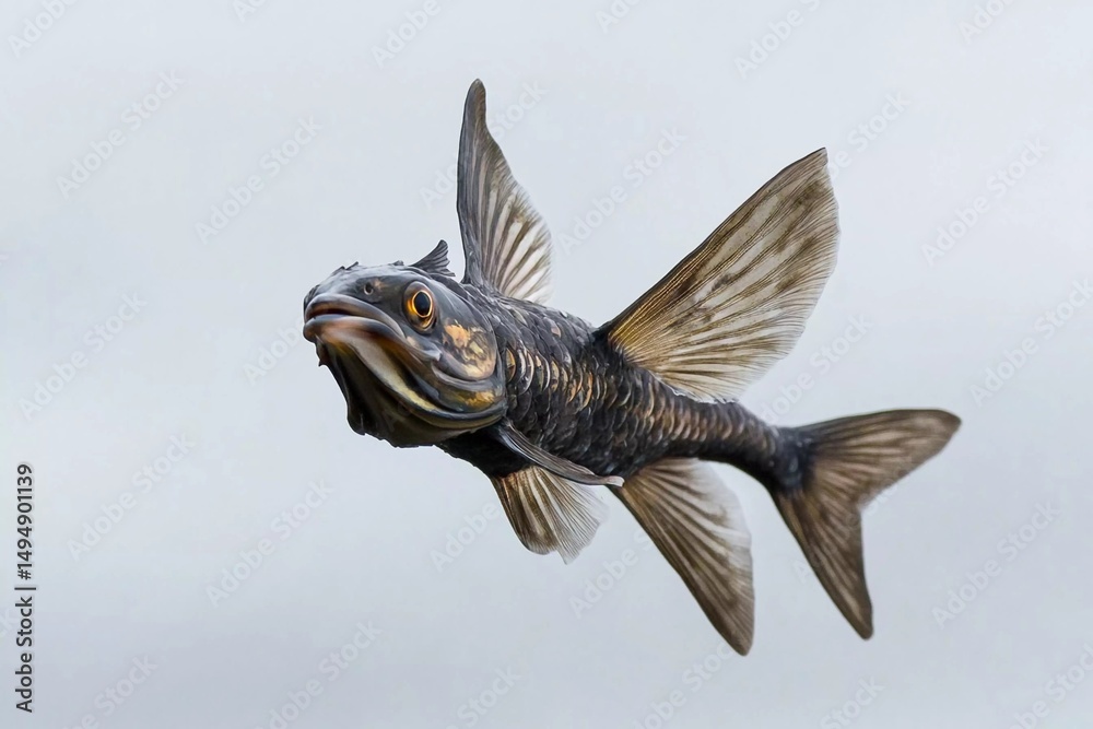 Fototapeta premium Unique depiction of a fish with wings soaring through a bright blue sky filled with clouds