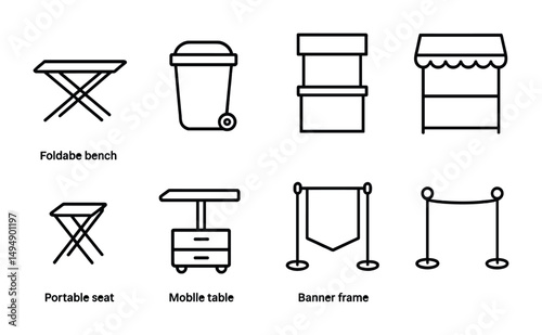 Event furniture and seating outline icons set – foldable, portable, banners and frames
