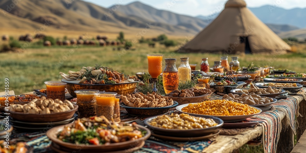 Fototapeta premium a Naadam feast table set outdoors, showcasing traditional Mongolian dishes and drinks, festive decorations in the background, clear area on the right side for marketing use