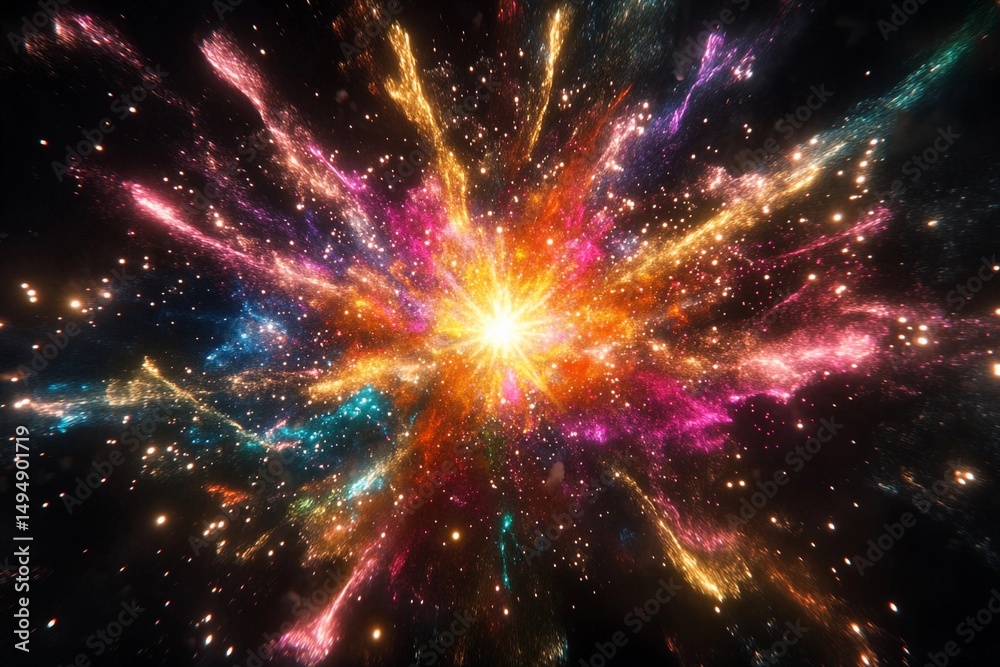 Fototapeta premium Cosmic explosion showcasing vibrant colors and swirling particles in deep space